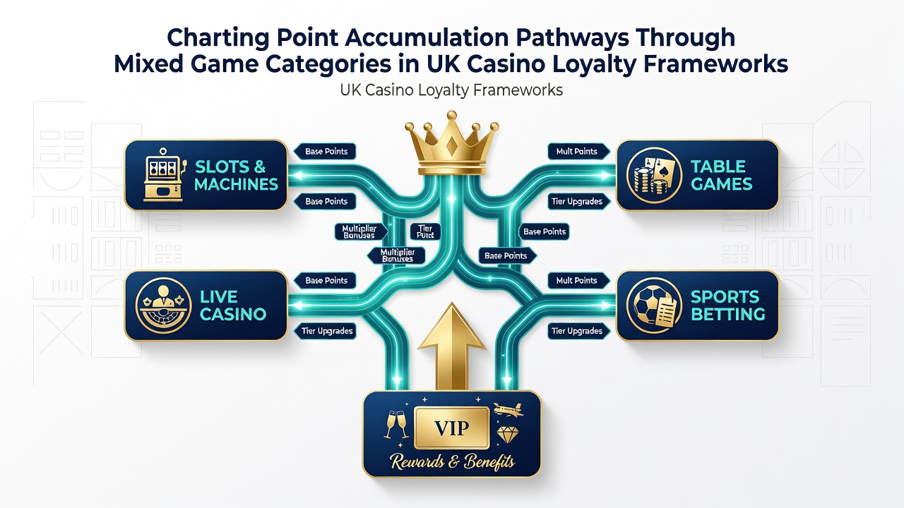 Diagram illustrating point accumulation pathways across slots, table games, and live dealer categories in UK casino loyalty programs