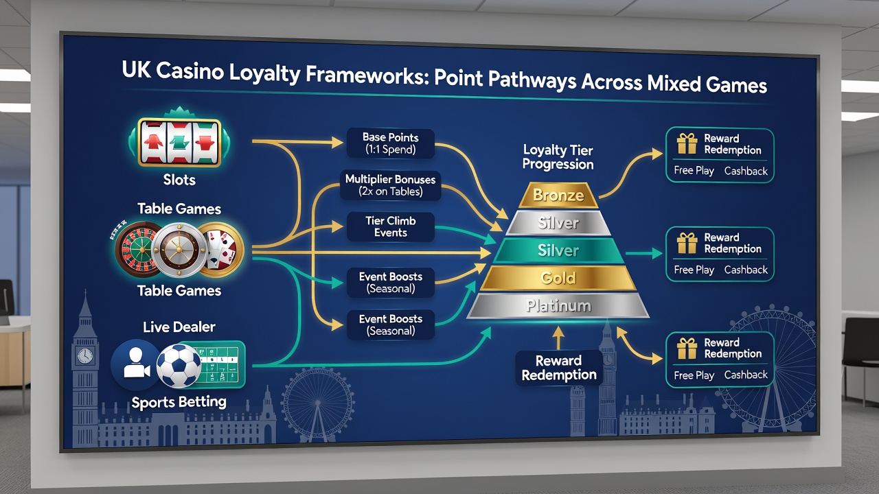 Infographic showing tier progression timelines for players using mixed game strategies versus single-category approaches in UK casino rewards