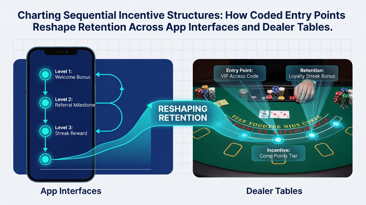 Diagram showing coded entry points flowing through mobile app interfaces into live dealer table environments
