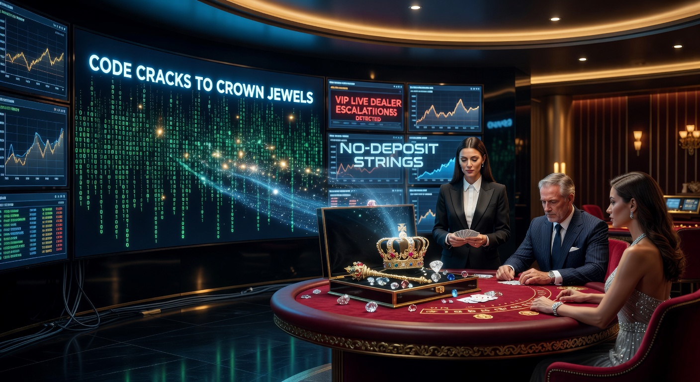 High-resolution image of a luxurious live dealer blackjack table with VIP players, chips stacked high, and a digital crown emblem overlay symbolizing elite status
