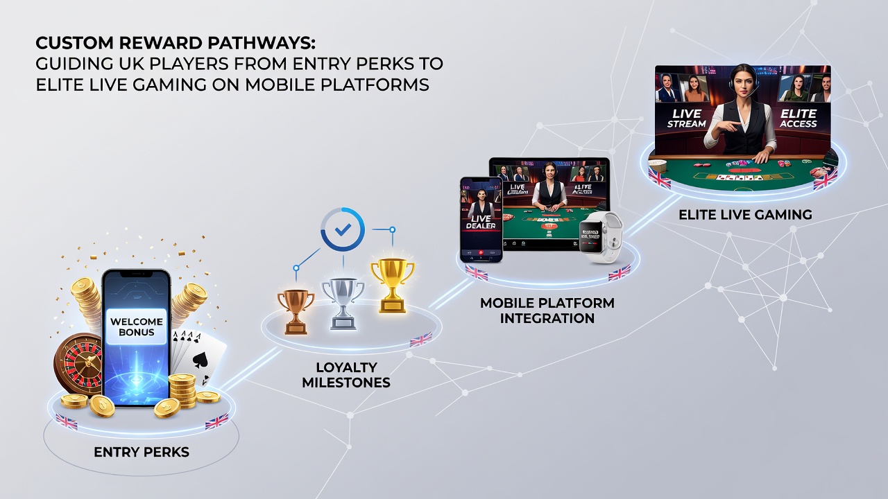 Progression chart illustrating custom reward tiers from starter perks to elite live gaming sessions on mobile devices