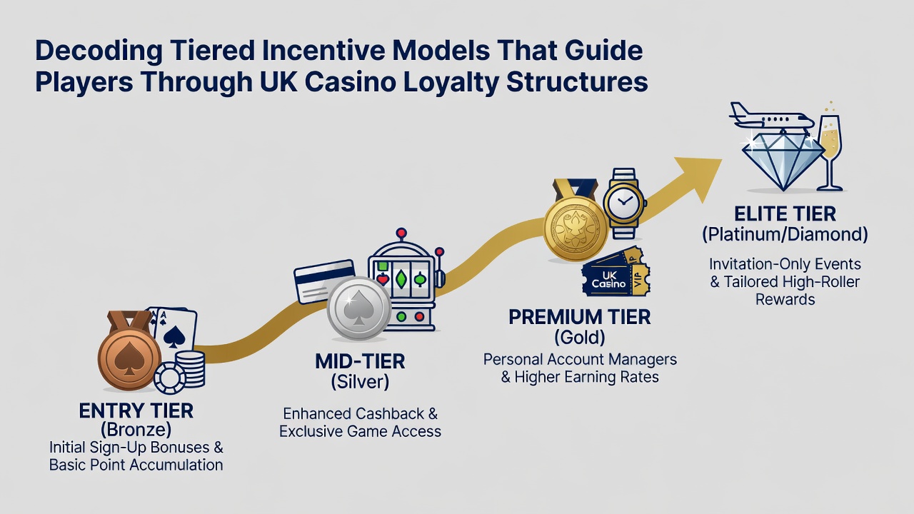 Infographic illustrating benefits unlocked at each loyalty tier level including cashback percentages and exclusive events in UK casinos