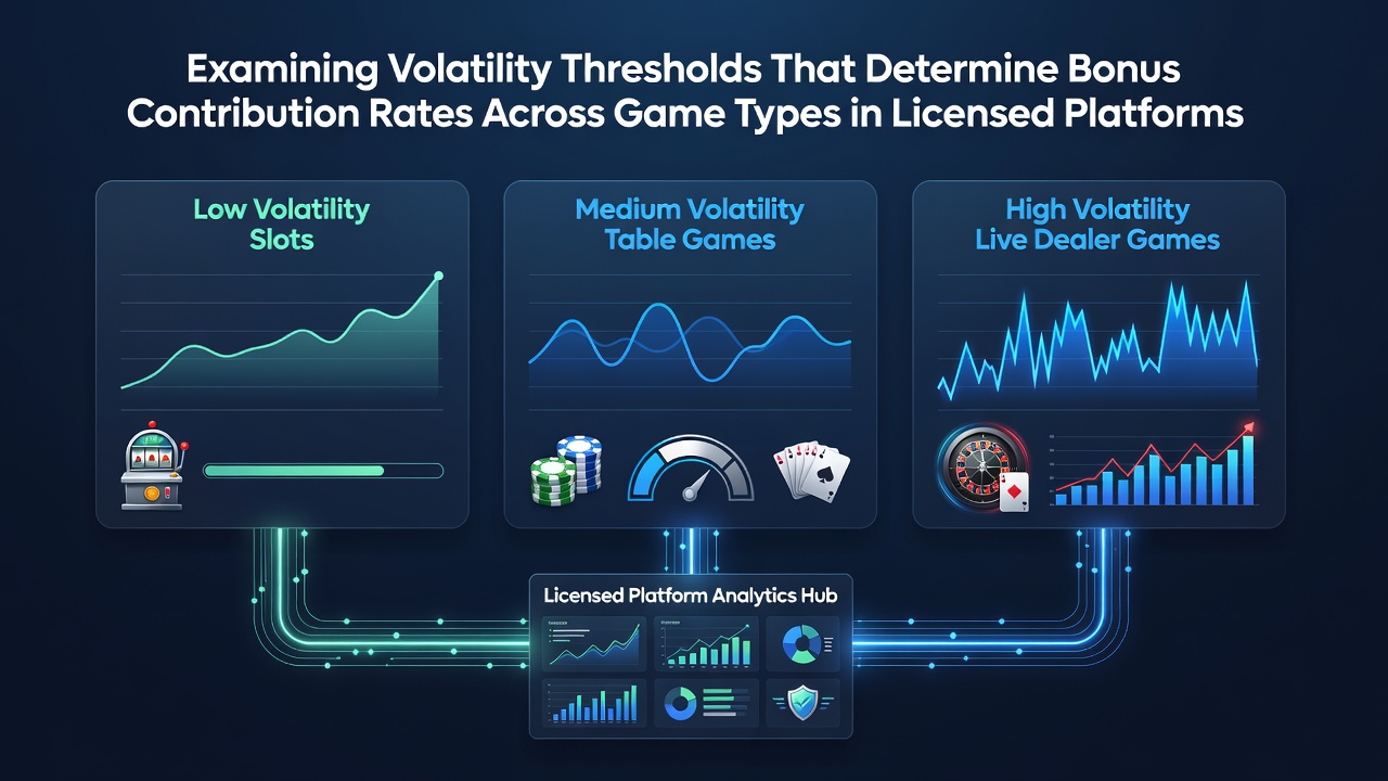 Diagram showing volatility thresholds and bonus contribution rates for different game types including slots and table games