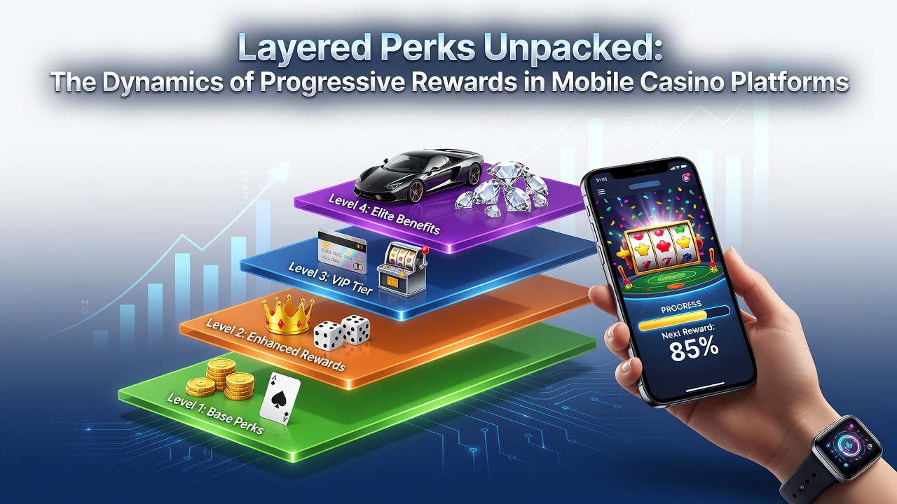Illustration of tiered reward progression on a mobile casino app interface showing bronze through platinum levels with accumulating points and unlockable perks
