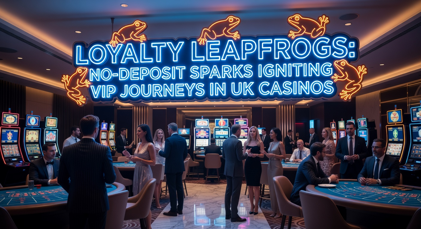 Vibrant casino loyalty ladder with sparkling no-deposit bonus icons leaping players to VIP tiers against a UK skyline backdrop