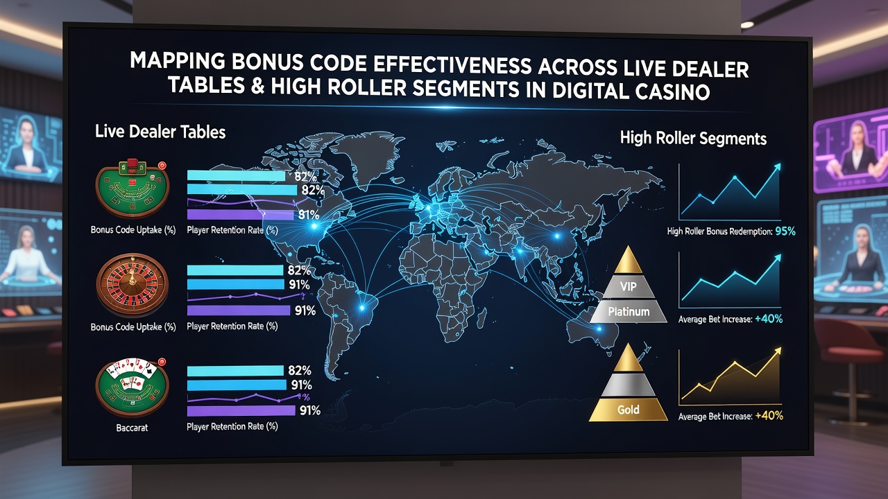 Analytics dashboard displaying comparative bonus code effectiveness for high rollers at live dealer tables versus standard players