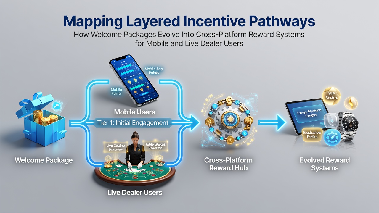 Layered incentive pathways diagram showing welcome packages transitioning into mobile and live dealer reward systems