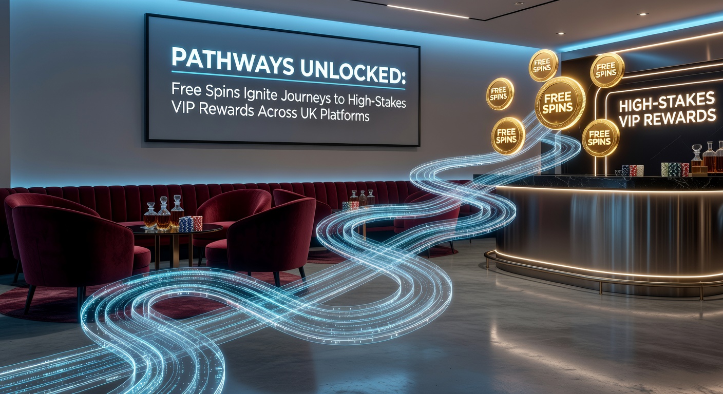 Illustration of a player ascending a golden staircase from free spins slot machine to luxurious VIP lounge with high-stakes tables