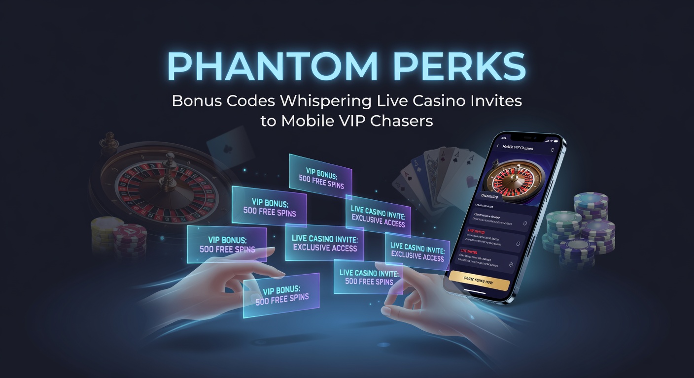 A shadowy figure holding a glowing smartphone with casino bonus codes floating like whispers toward a live dealer table in the background