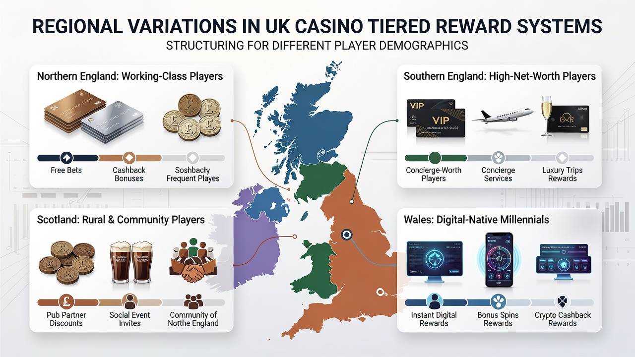 Regional map highlighting UK casino locations and tier reward variations