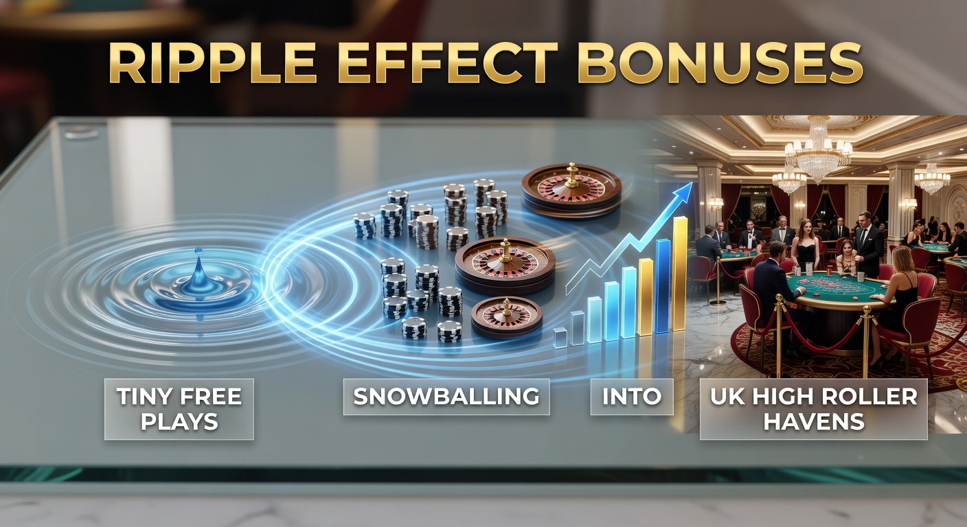 Graphic illustration of a small free spin icon expanding into a cascading waterfall of golden chips and high-roller symbols in a vibrant casino setting