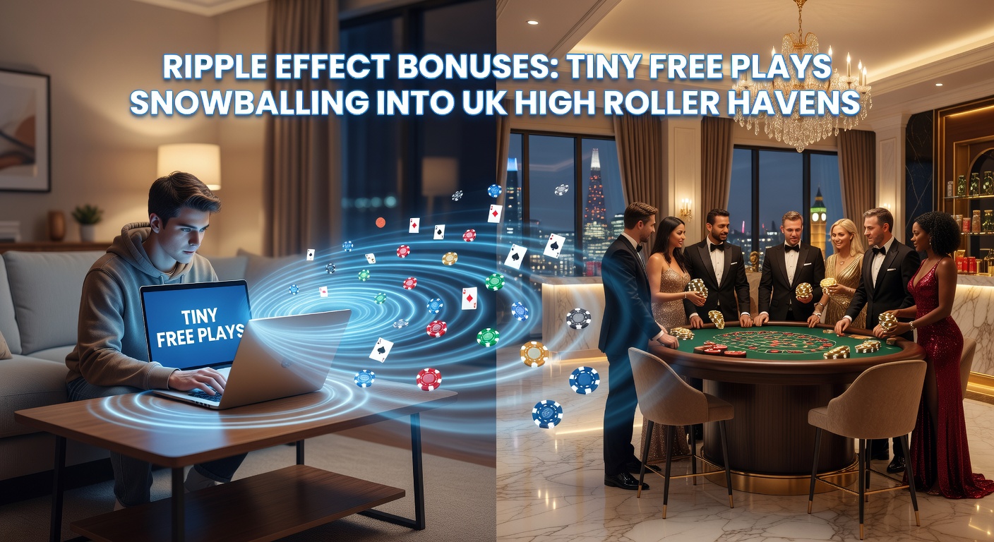 Dynamic chart showing a progression ladder from small free play icons climbing to towering stacks of VIP chips against a UK flag backdrop with casino lights