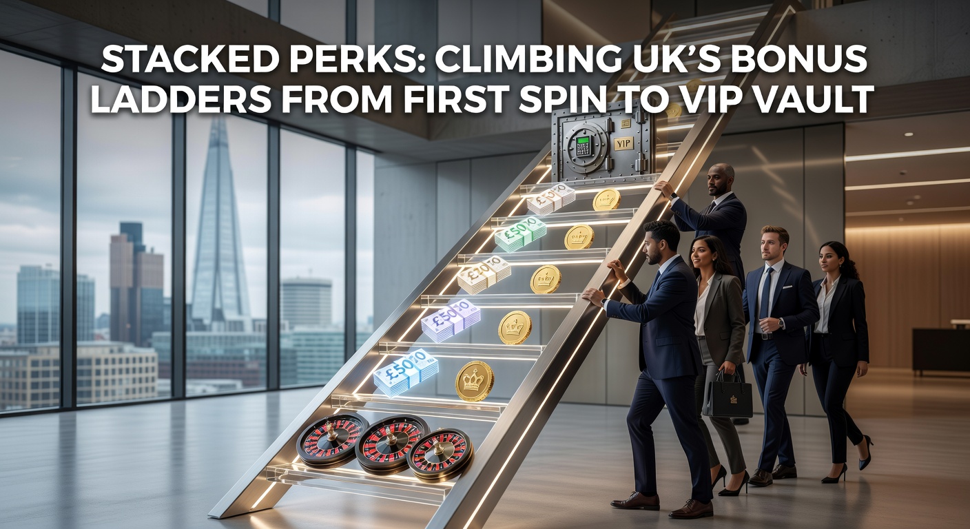 Visual diagram illustrating a multi-tiered bonus ladder in UK casinos, showing progression from welcome spins at the base to VIP vaults at the top with glowing reward icons along the rungs