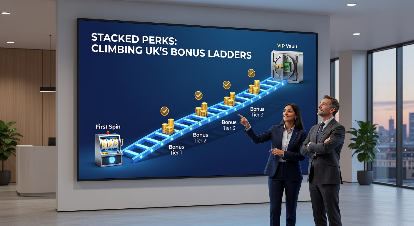 Infographic depicting mid-tier casino rewards like cashback icons and reload bonuses stacking atop entry-level spins, with a ladder graphic showing silver-to-gold progression