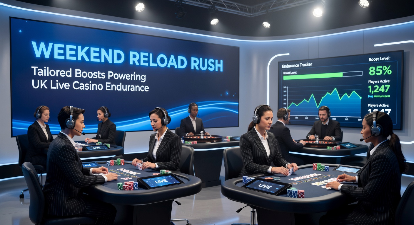 Vibrant live casino table with players engaging in weekend sessions, highlighting reload bonus promotions on screens